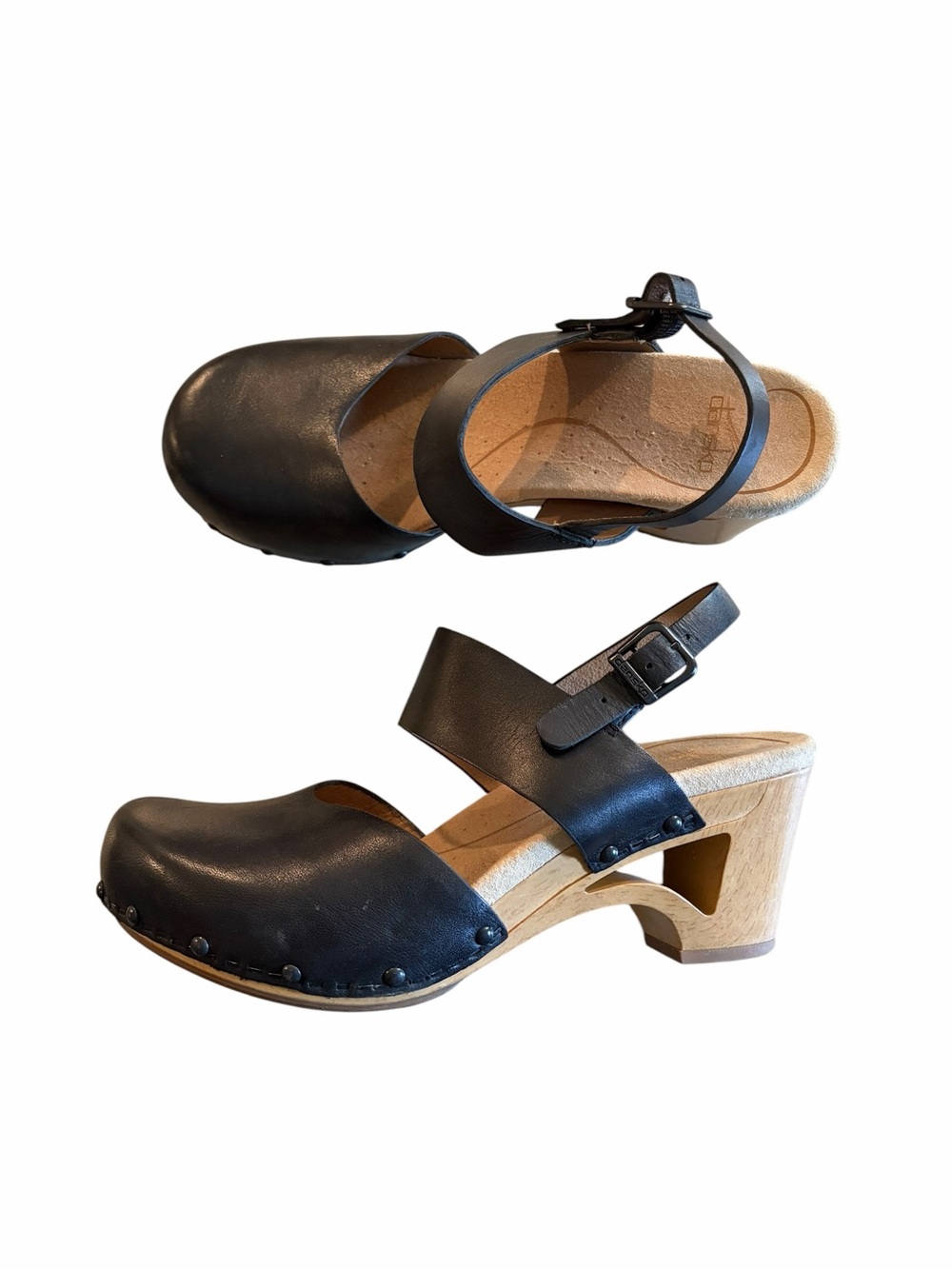 Dansko Thea Black Leather Clog Sandals Wood Heel 38